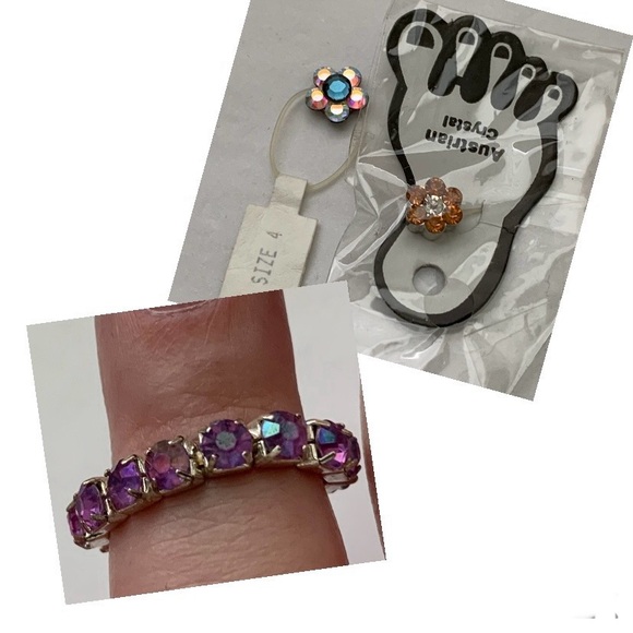 Artisan Jewelry - TOES BUNDLE (3) 2 Rhinestone Flower Toe Rings & 1 purple rhinestone stretch ring